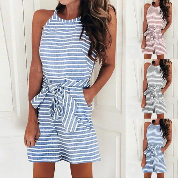 Summer Clearance! Fashion Women's Summer Casual Striped Print Sleeveless Round Neck Lacing Straight Shorts Jumpsuit with Pockets 2025 Clothes