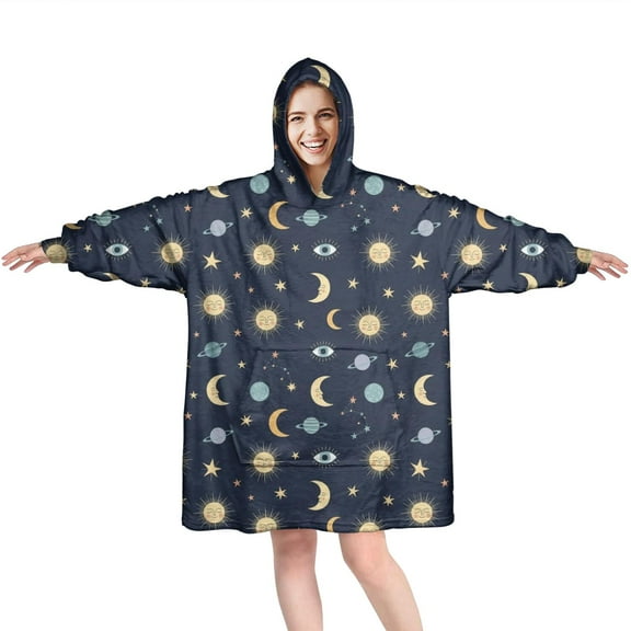 Wearable Oversized Blanket,Dark Blue Sun Moon Star Eye Planet Pattern Wearable Blanket Hoodie for Adults,Cozy Hooded Blankets with Super Pockets,Super Warm Fuzzy Pullover for Women & Men