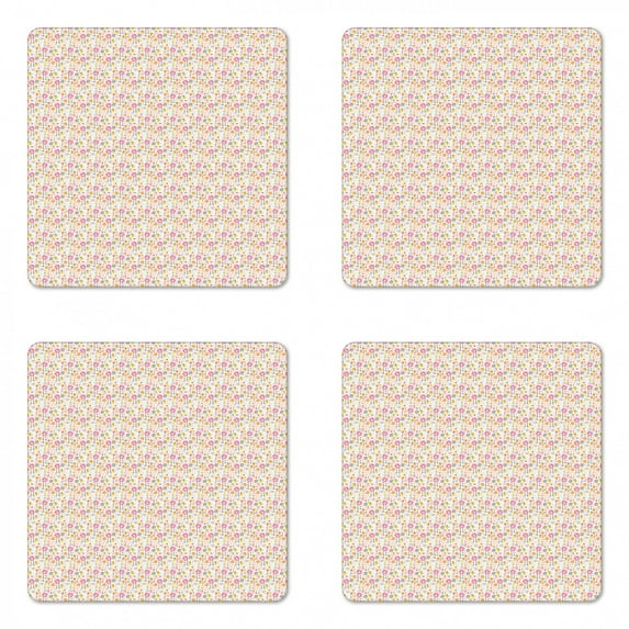 Floral Coaster Set of 4, Colorfully Scattered Endemic Flowers and Branches Dainty Spring Time Details, Square Hardboard Gloss Coasters, Standard Size, Multicolor, by Ambesonne