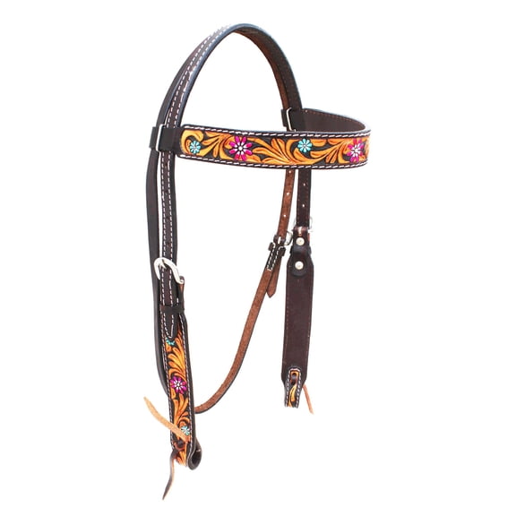 Horse Western Tack Floral Tooled Browband Leather Bridle Headstall 78HR65HB