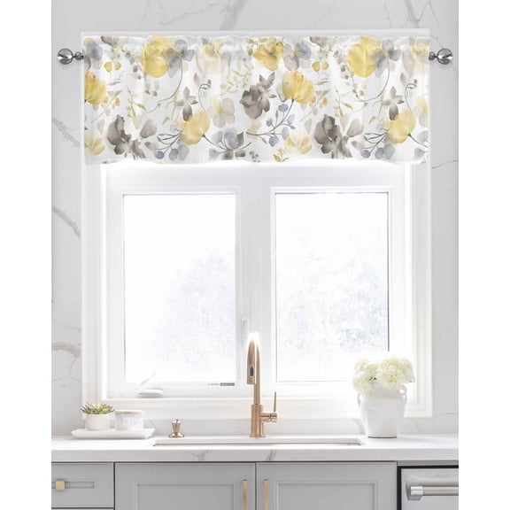 Faux Linen Valances for Windows Yellow Flowers Grey Blue Leaves Watercolor Curtains Valance Light Filtering Rod Pocket Small Window Treatment for Kitchen Living Room Bedroom 42x18In