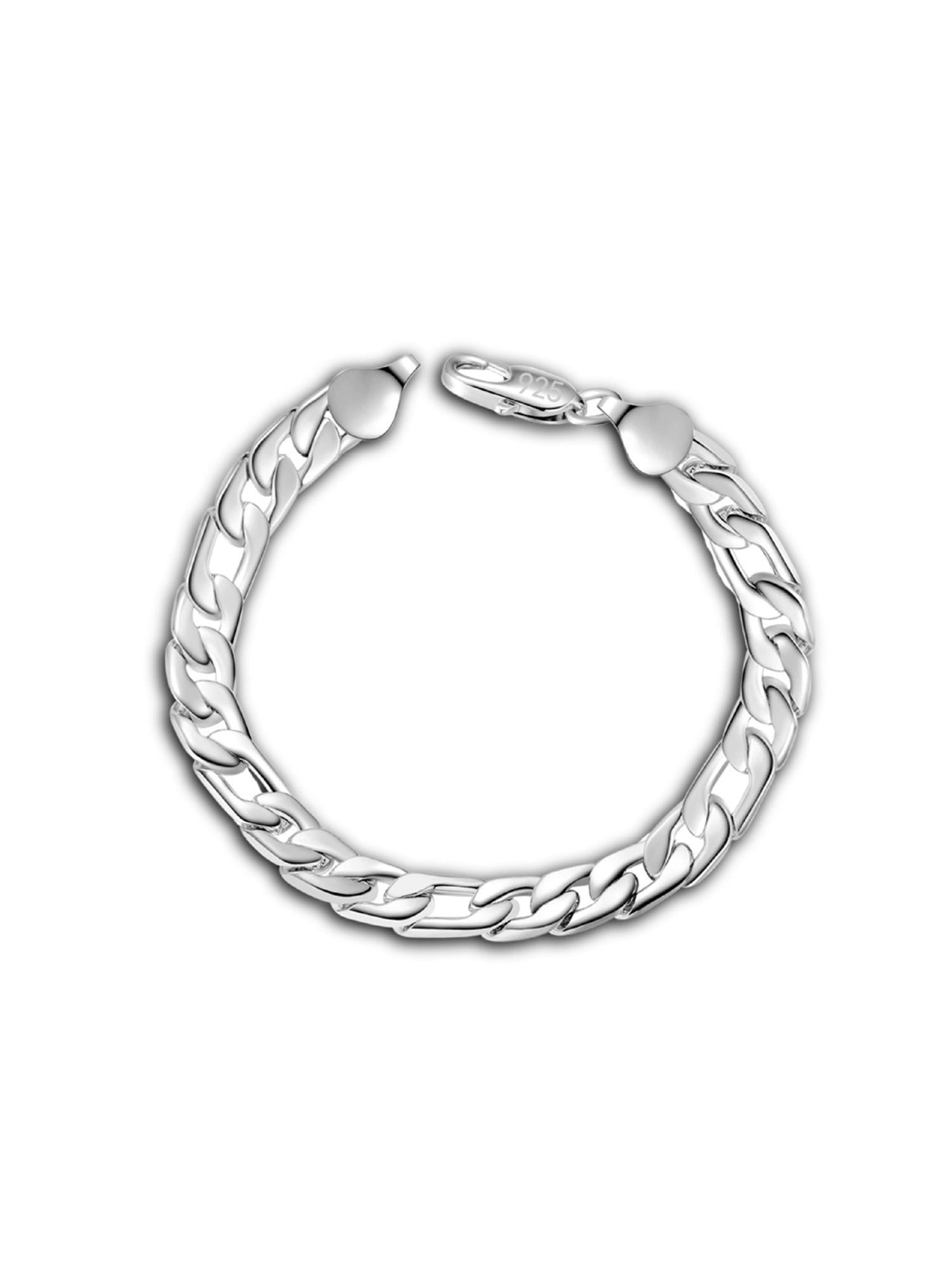 Women 20cm Solid 925 Sterling Silver Italian 5mm Diamonds Cut Figaro Chain Bracelet
