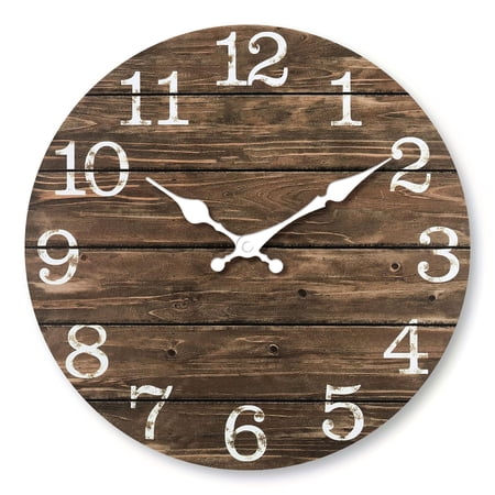 12Inch Round Rustic Wooden Plank Clock, Distressed Farmhouse Wall Decor for Living Room Kitchen(Battery not Included)
