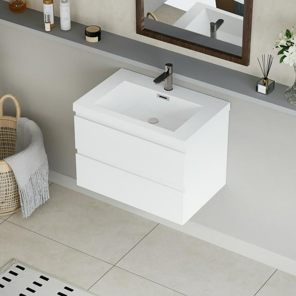 Spaco 30" Floating Bathroom Vanity with Sink, Modern Wall-Mounted Bathroom Storage Vanity Cabinet with Resin Top Basin and Soft Close Drawers, White