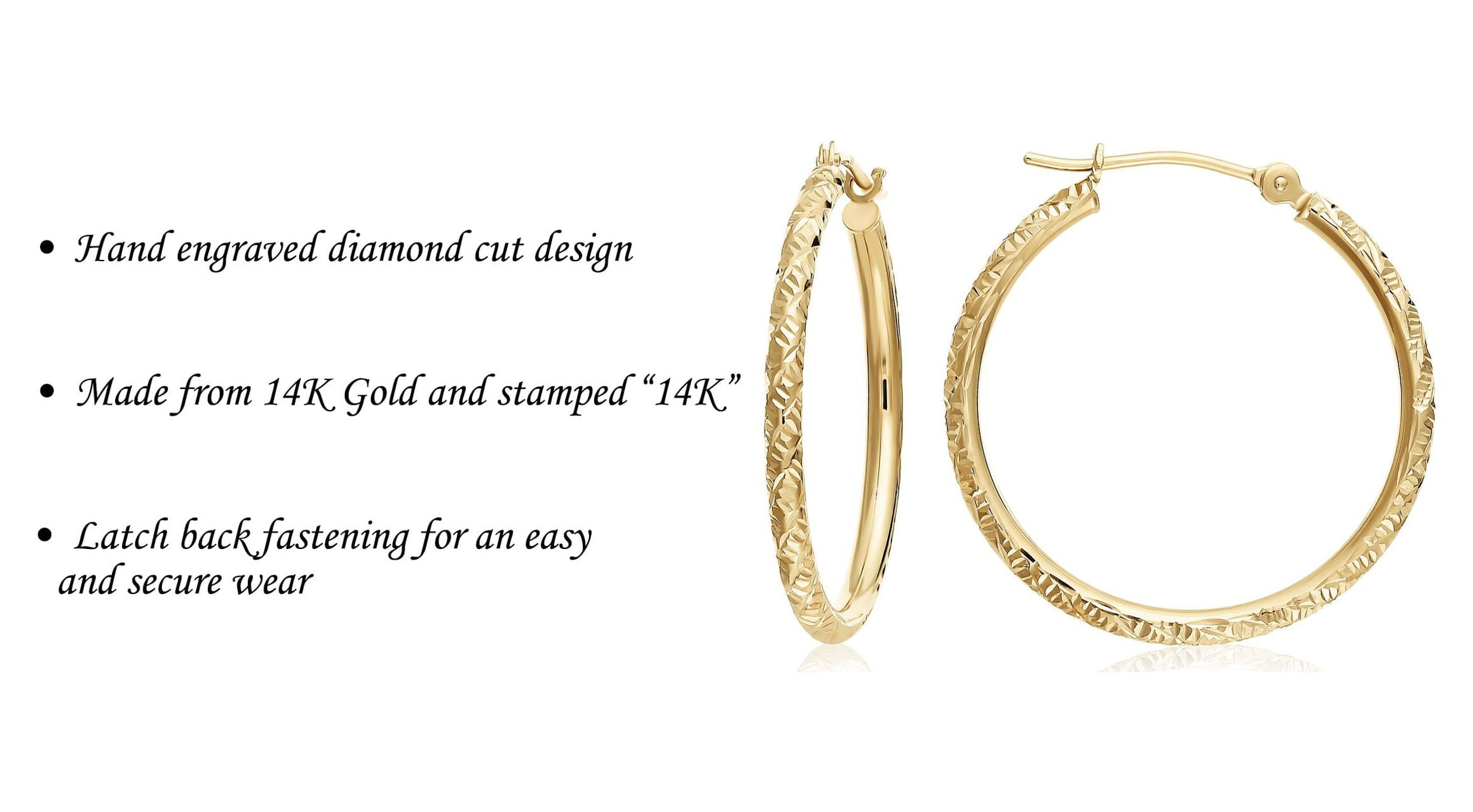 Tilo Jewelry 14K Yellow Gold Round Hoop Earrings with Diamond-Cut Engraving for Women & Unisex | 25mm - 1 Inch