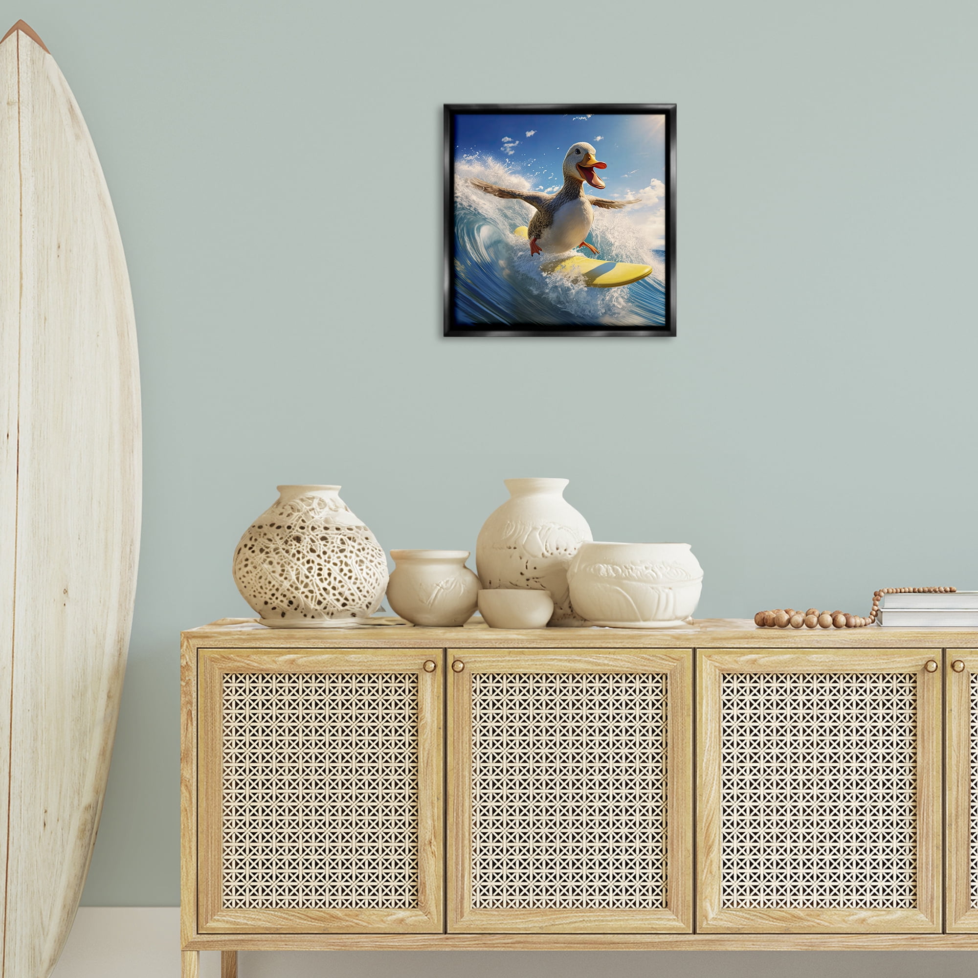 Stupell Industries Happy Surfing Duck Coastal Painting Black Floater Framed Canvas Art Print Wall Art, 18 x 18