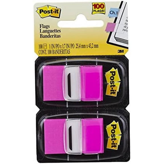 Post-it Standard Page Flags in Dispenser 1in Wide, Bright Pink 100 Flags, 680-BP2