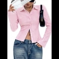 thumbnail image 2 of Camisa Corta A Rayas con Botones para Mujer, Blusa Ajustada de Larga, Camisa de Trabajo Rosa L, 2 of 9