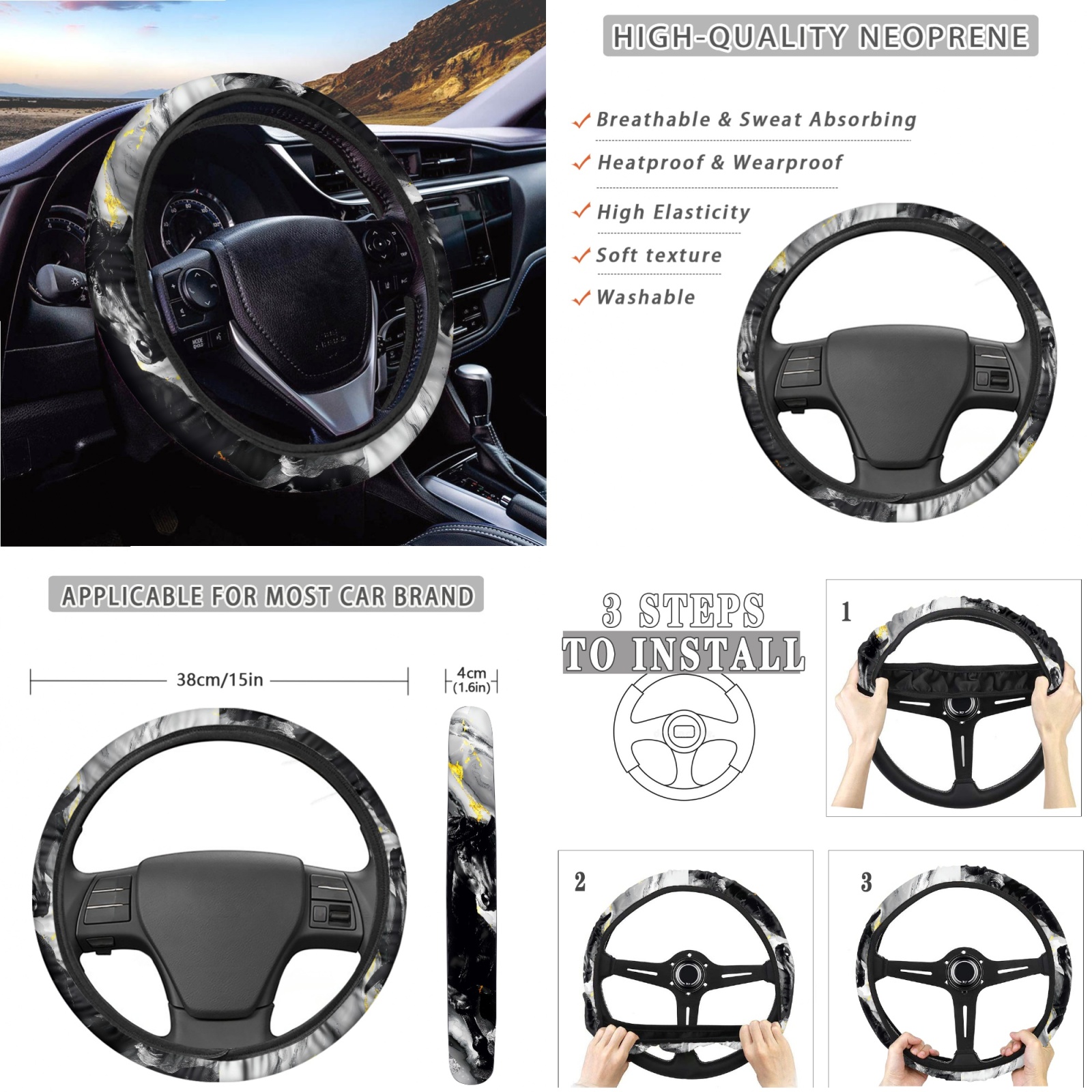 Renewold Black Horse Marble Car Seat Covers Front Rear Full Set Steering Wheel Seat Belt Pads Coasters Waste Bin Armrest Pad Cup Holders Rearview Mirror Handbrake Cover Set, 14 Pack