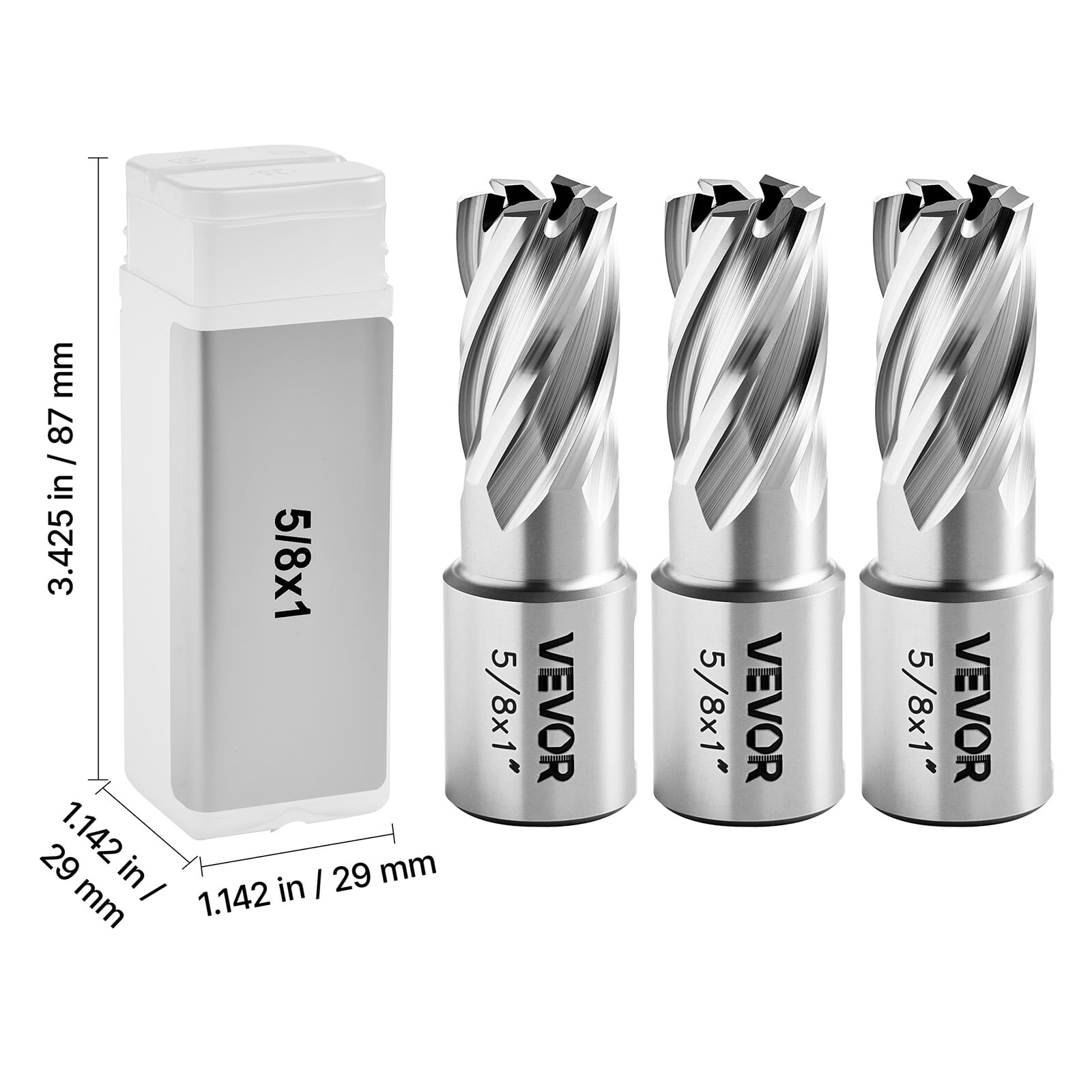 VEVOR Annular Cutter Set, 5 pcs Weldon Shank Mag Drill Bits Kit, 1" Cutting Depth, 5/8" Cutting Diameter, HSS, 3 Drill Bits with 2 Pilot Pins and 3 Plastic Cases, for Magnetic Drills, Steel, Aluminum