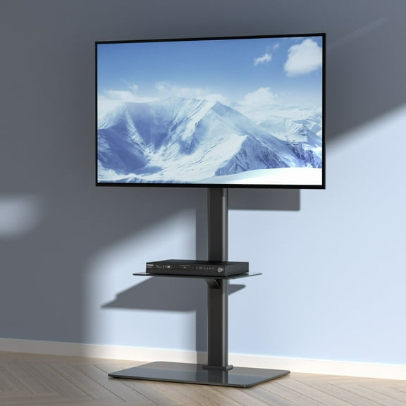 Modern Swivel TV Stand, Adjustable Height Floor Mount for 32 to 65 Inch TVs, Tempered Glass Base