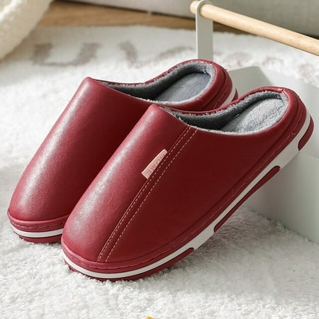 

QWZNDZGR Winter Indoor Slippers Women Plush Keep Warm Flat Home Shoes Soft Comfort Slides Men Pu Leather Waterproof Slipper Fashion Shoes