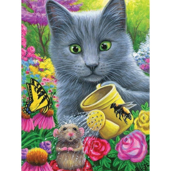 Bits and Pieces - 500 Piece Jigsaw Puzzle for Adults 18" x 24" - Chillin in Misty's Garden - 500 pc Cat Flower Mouse Butterfly Pet Kitten Jigsaw by Artist Bridget Voth