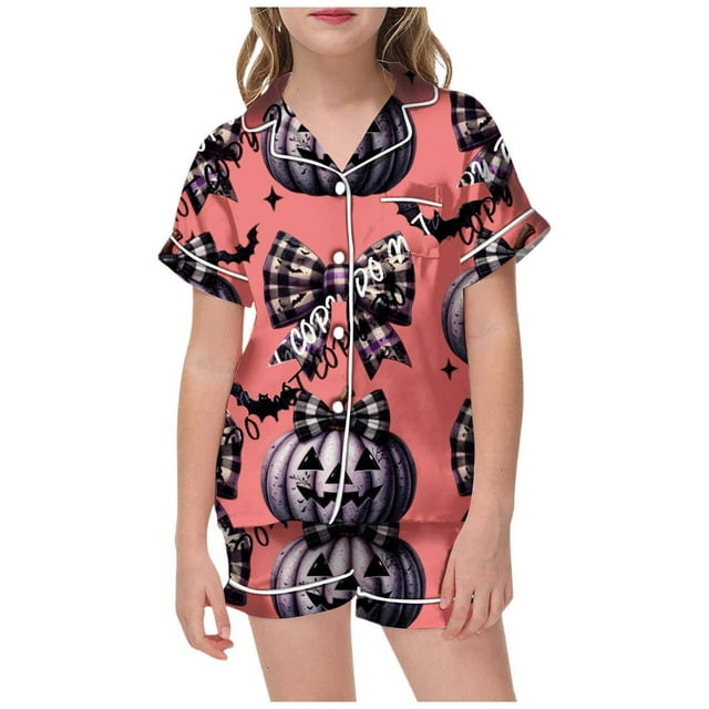 Ediodpoh Halloween Girls' Summer Outfits - Two Piece Set Featuring Short Sleeve Button Down Tops with Patterns Paired with Comfortable Shorts for Kids Casual Wear Watermelon Red 4-5 Years