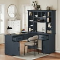 thumbnail image 2 of L-Shaped Computer Desk with 2 Cabinets and 2 Drawers, 11 Open Shelves, with Power Outlet, for Study, Living Room and Office, Antique Blue, 2 of 5