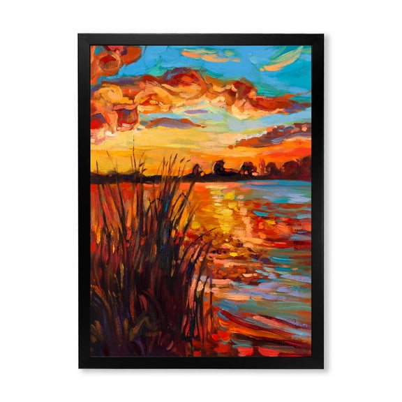 Designart 'The Lake At Sunset Evening Glow I' Nautical & Coastal Framed Art Print