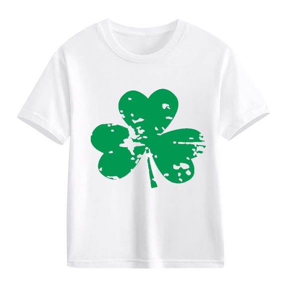 XIMIN Kids' St. Patrick's Day Soft Short-Sleeve Crew Neck T-Shirt - Distressed White Four-Leaf Clover Graphic, Lucky Charm Top for Boys & Girls