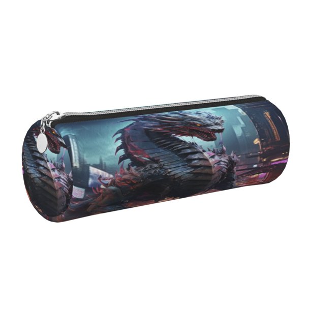 Easygdp Urban Mechanical Dragon para Estuche de Lápices Cilíndrico de Cuero con Cremallera, Organizador de Lápices de Cuero para Escuela, Oficina y Viajes