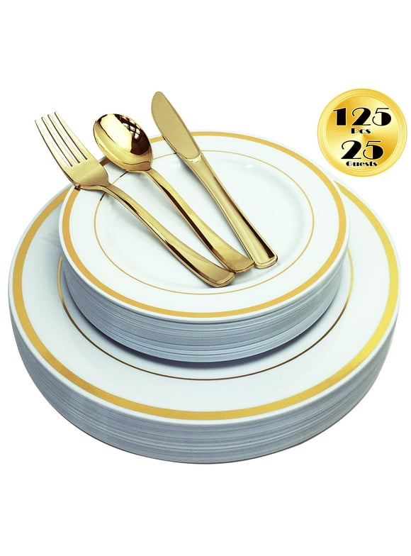 JL Prime 125 Piece Gold Plastic Plates & Cutlery Set, Re-usable Recyclable Plastic Plates with Gold Rim & Silverware, 25 Dinner Plates, 25 Salad Plates, 25 Forks, 25 Knives, 25 Spoons