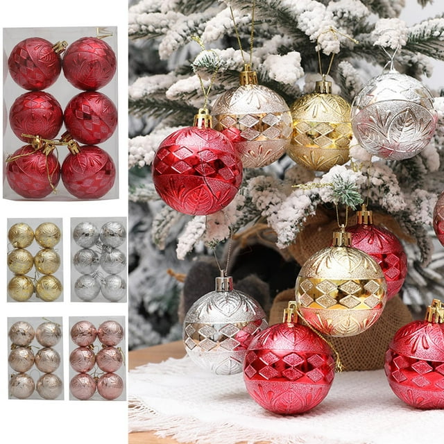 Juego de 6 Adornos Navideños de Bolas de Navidad de 6 Cm con Doble Rombo En Relieve y Acabado Chapado | Piezas Decorativas Colgantes para Árboles de Navidad y Coronas | Material Plástico