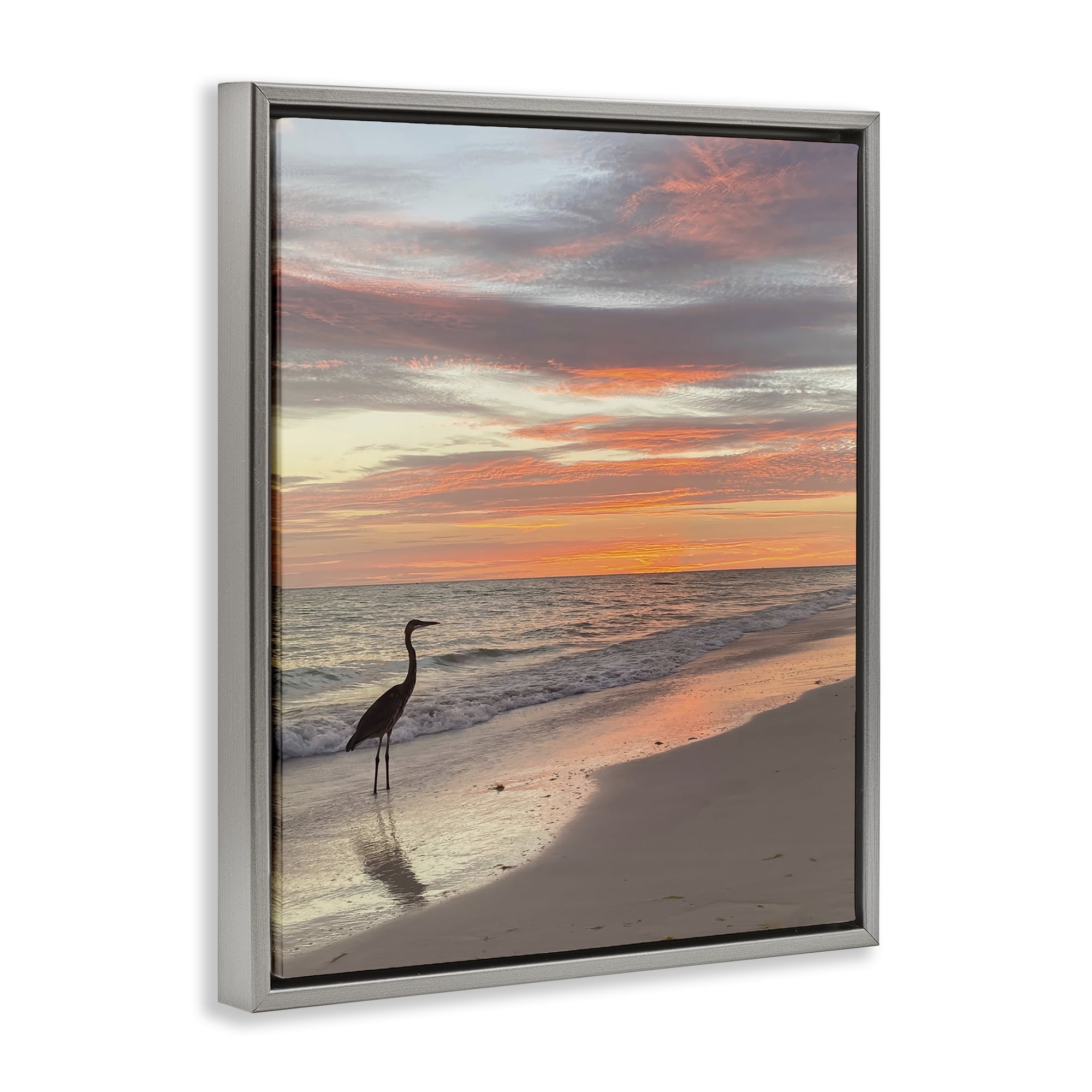 Stupell Industries Lone Egret on Beach Nautical & Beach Photography Gray Floater Framed Canvas Art Print Wall Art, 25 x 31