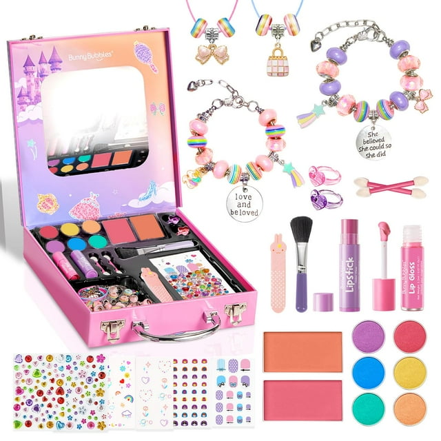 Kit de maquillaje y joyería Bunny Bubbles para niñas de 4 a 12 años, color rosa