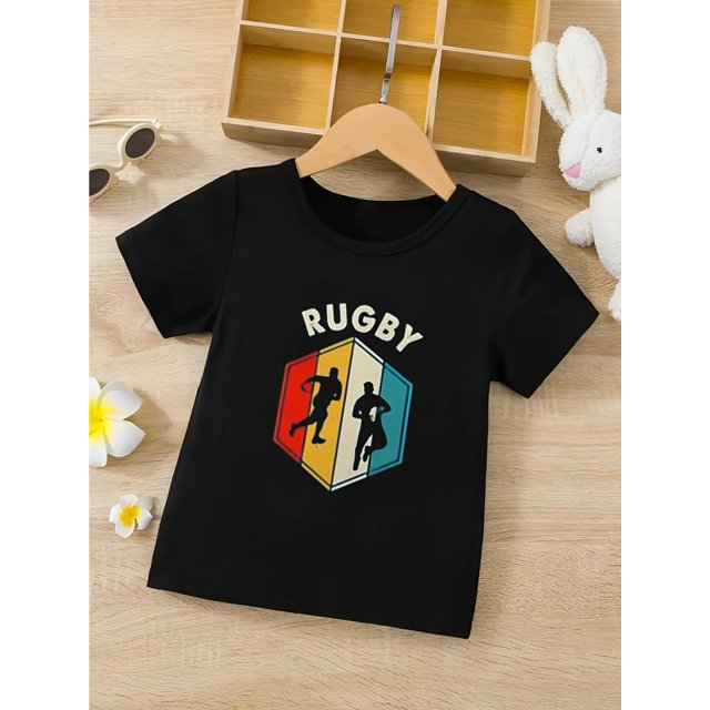 Rugby T-shirt - Boys' Casual T-Shirt with "RUGBY" Print, Round Neck Fashionable Comfort Spring/Summer Tee, Boys' Clothing Gift
