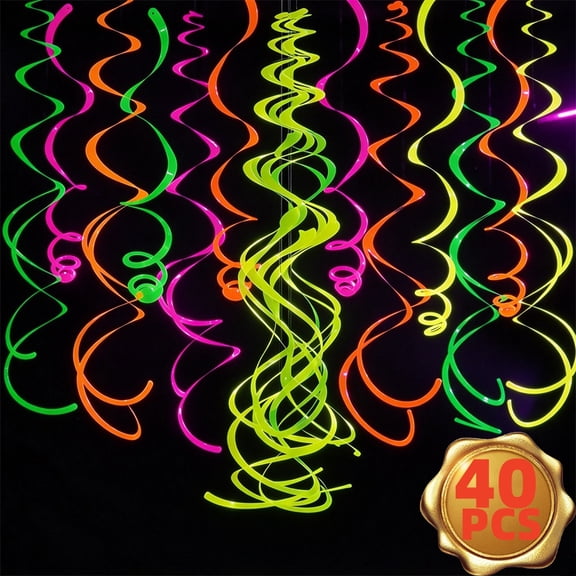 Colorful Hanging Swirl Decorations, Neon Ceiling Streamers for Glow Parties, Birthday Celebrations, and Dark Decorations Supplies, 40 Pcs
