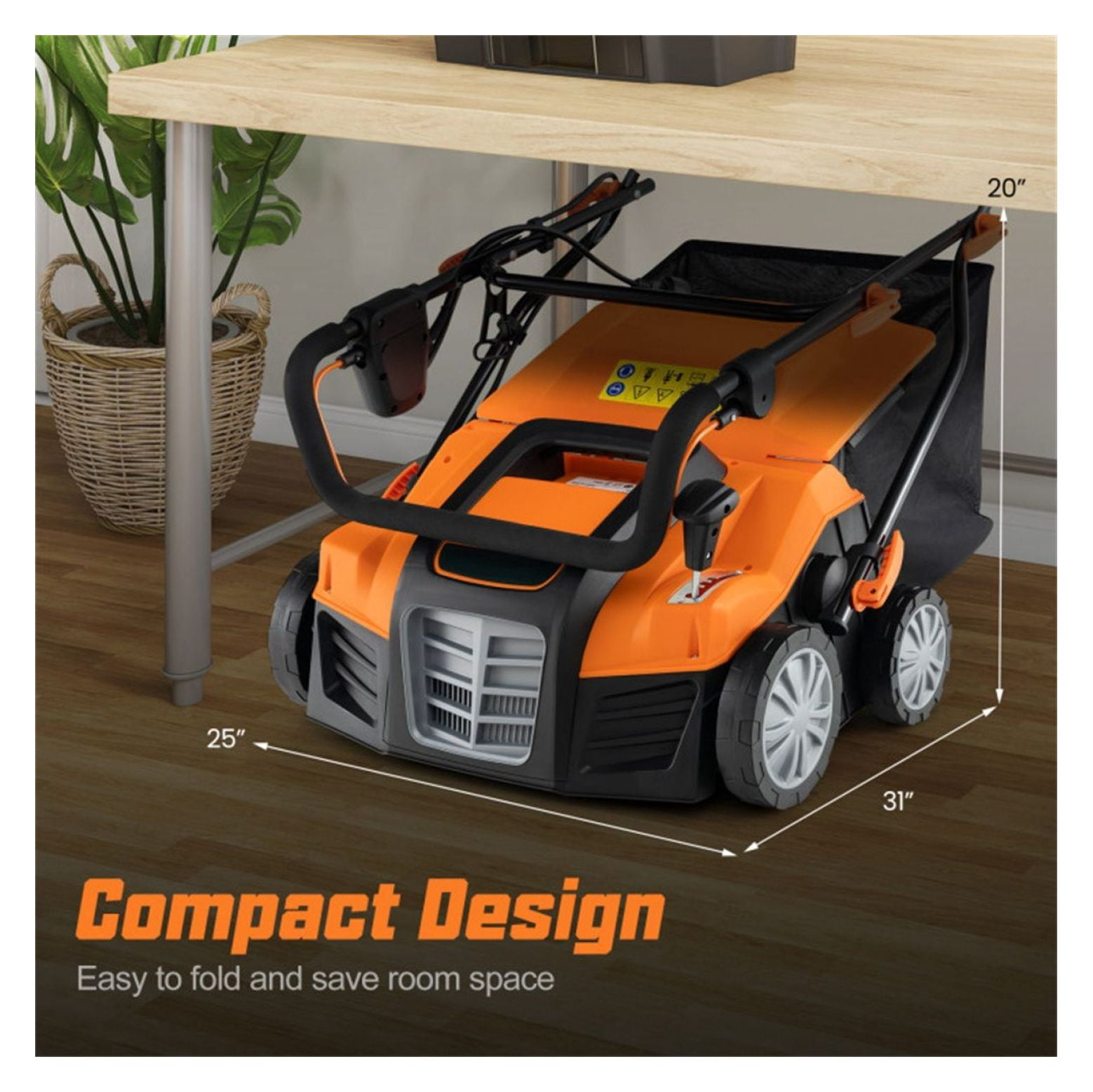 Electric Lawn Dethatcher, 16-Inch Corded Scarifier - 2-in-1 Adjustable Depth, Large Bag, Folding Design for Home Lawn Care - Orange