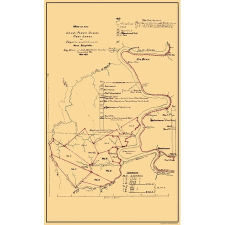 Historic Mine Map - Loup Piney Divide Coal Lands West Virginia - Hotchkiss 1879 - WallArt