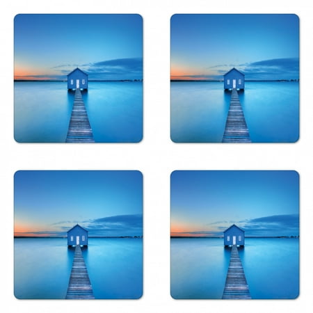 

Landscape Coaster Set of 4 Sunrise over Water Lakehouse Cabin Boardwalk Sun Rays Clouds Horizon Nature Square Hardboard Gloss Coasters Standard Size Blue Orange Grey by Ambesonne