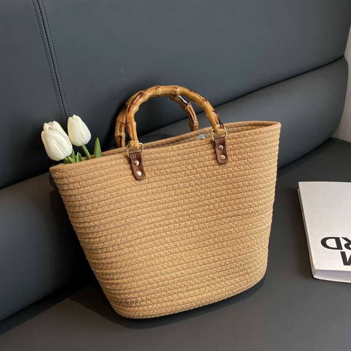 Women Straw Large Tote Bag Retro Bamboo Handle Strip Beach Handbag Summer Woven Handmade Elegant Travel Purse - khaki