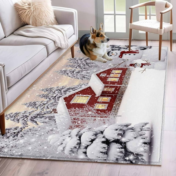 Christmas Area Rug 3x5 Washable Rug Non Slip Snowflake Snowman Xmas Tree Farmhouse Large Area Rug Indoor Floor Carpet for Entryway Bedroom Kitchen Living Room Home Office Dining Room Nursery