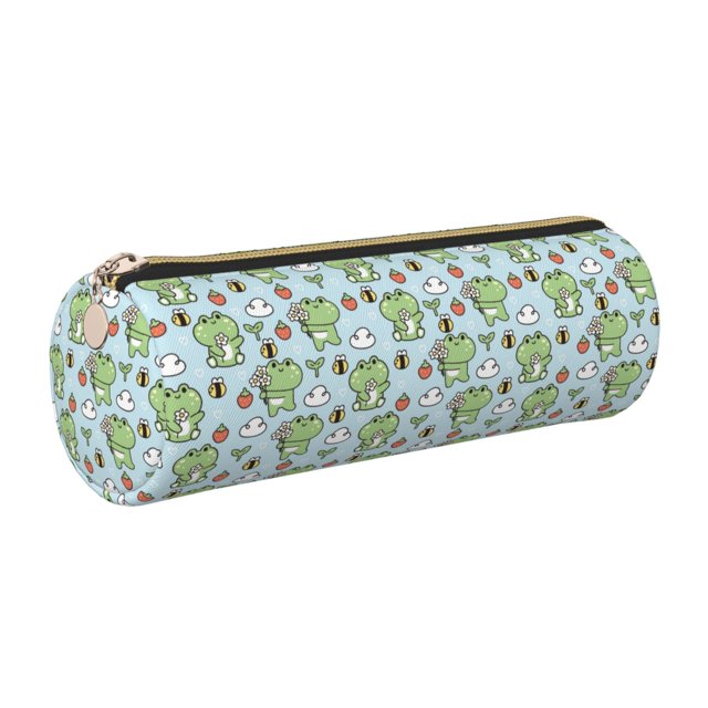 Easygdp Cute Floral Frog para Estuche de Lápices Cilíndrico de Cuero con Cremallera, Organizador de Lápices de Cuero para Escuela, Oficina y Viajes