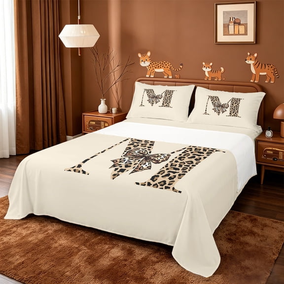 meiyoeat bow Monogram M Print Bed Sheets,Fashion Leopard Print Full Size Sheets,4 Pieces,1 Flat Sheet,1 Fitted Sheet and 2 Pillowcases