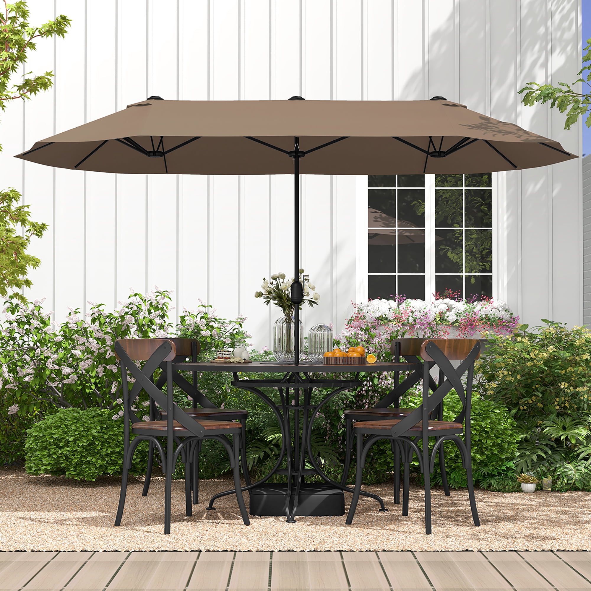 Gymax 13FT Double-sided Patio Umbrella w/ Crank Handle Umbrella Base Safety Lock Tan