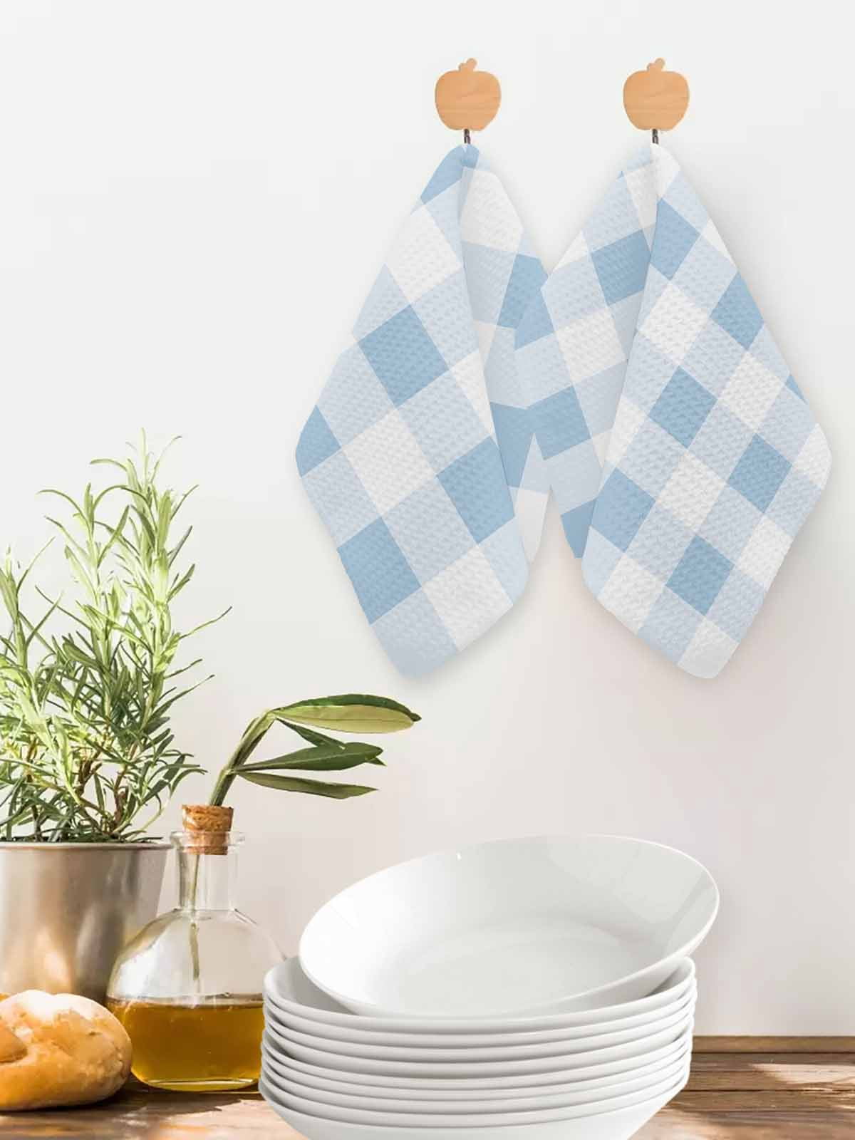 Blue Checkered Dish Towels Set, Waffle Weave Kitchen Towels 3 Pieces, Blue White Buffalo Plaid Microfiber Hair Face Bath Tea Towel Absorbent Quick Drying Cleaning Dish Cloths 12"x12"