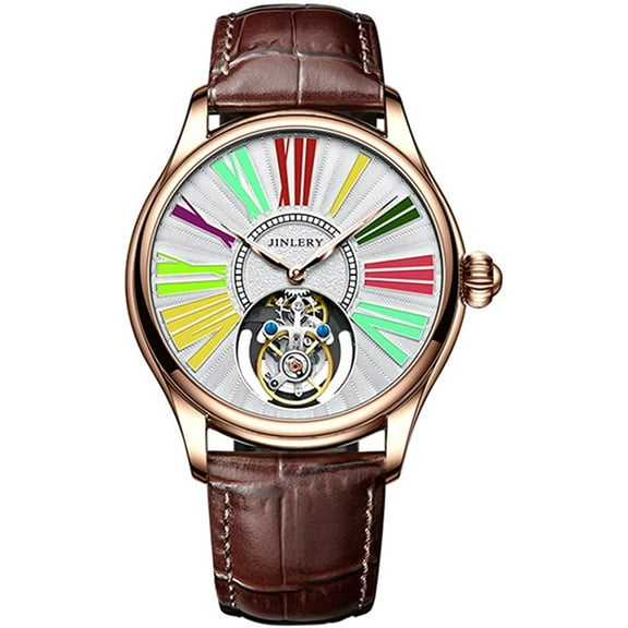 JINLERY Men Skeleton Tourbillon Watch Mechanical Hand Wind Stainless Steel Leather Wristwatch Sapphire Crystal Manual Wind Hollow Clock Male Luminous