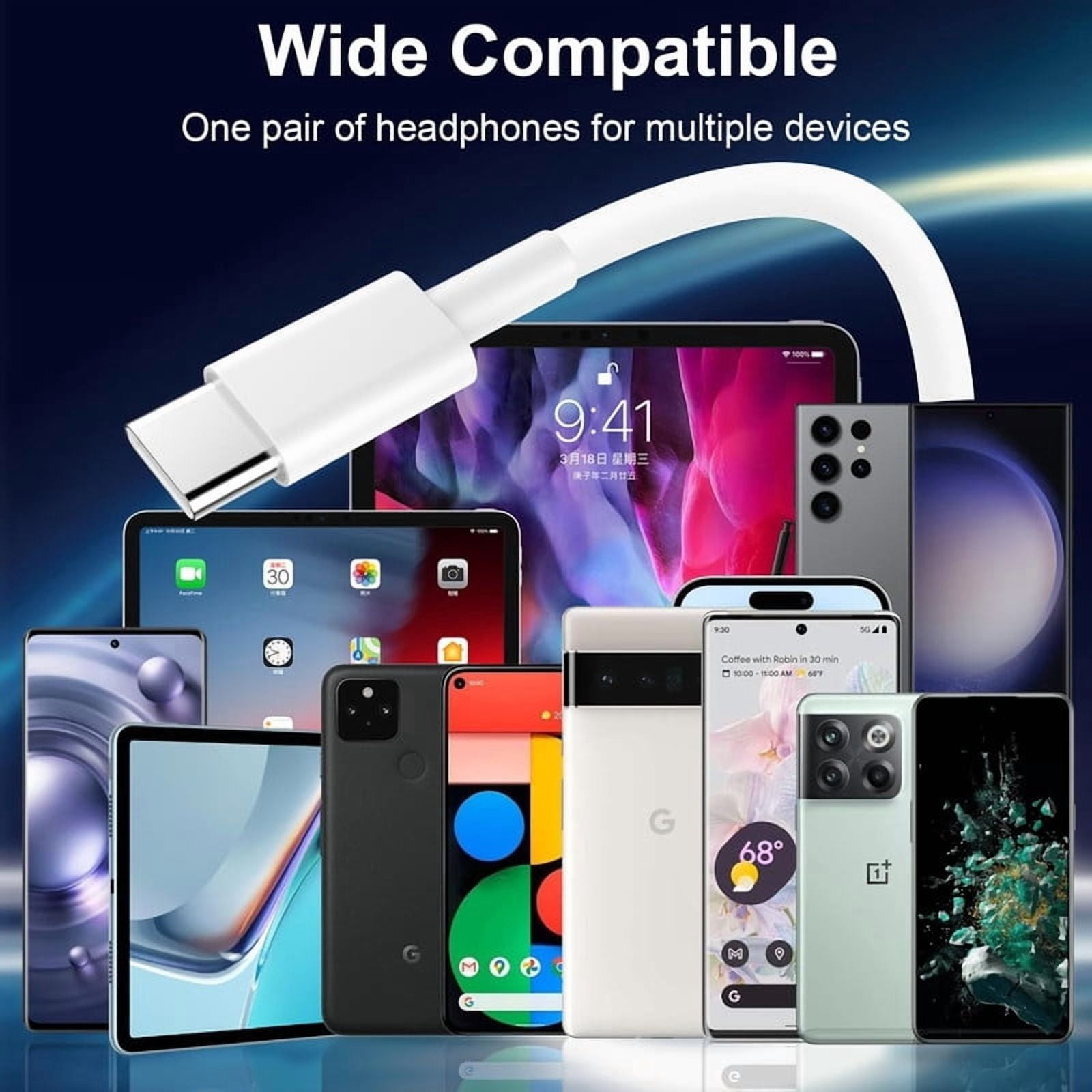 10 Pack TTech Type C Wired Headphones USB-C Earbuds Earphones Compatible with iPhone 16 Pro Max / 16 Pro / 16 Plus / for Samsung Galaxy S24/S23/S22/S21 Ultra, Google Pixel 8/7/6/6a, White