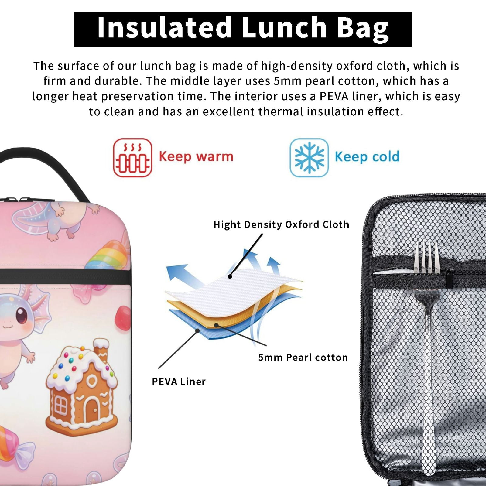 Lunch Bag For Women Men Insulated Portable Lunch Box Bento Box Office Picnic Travel Cooler Bag Candy Cookie House Axolotl