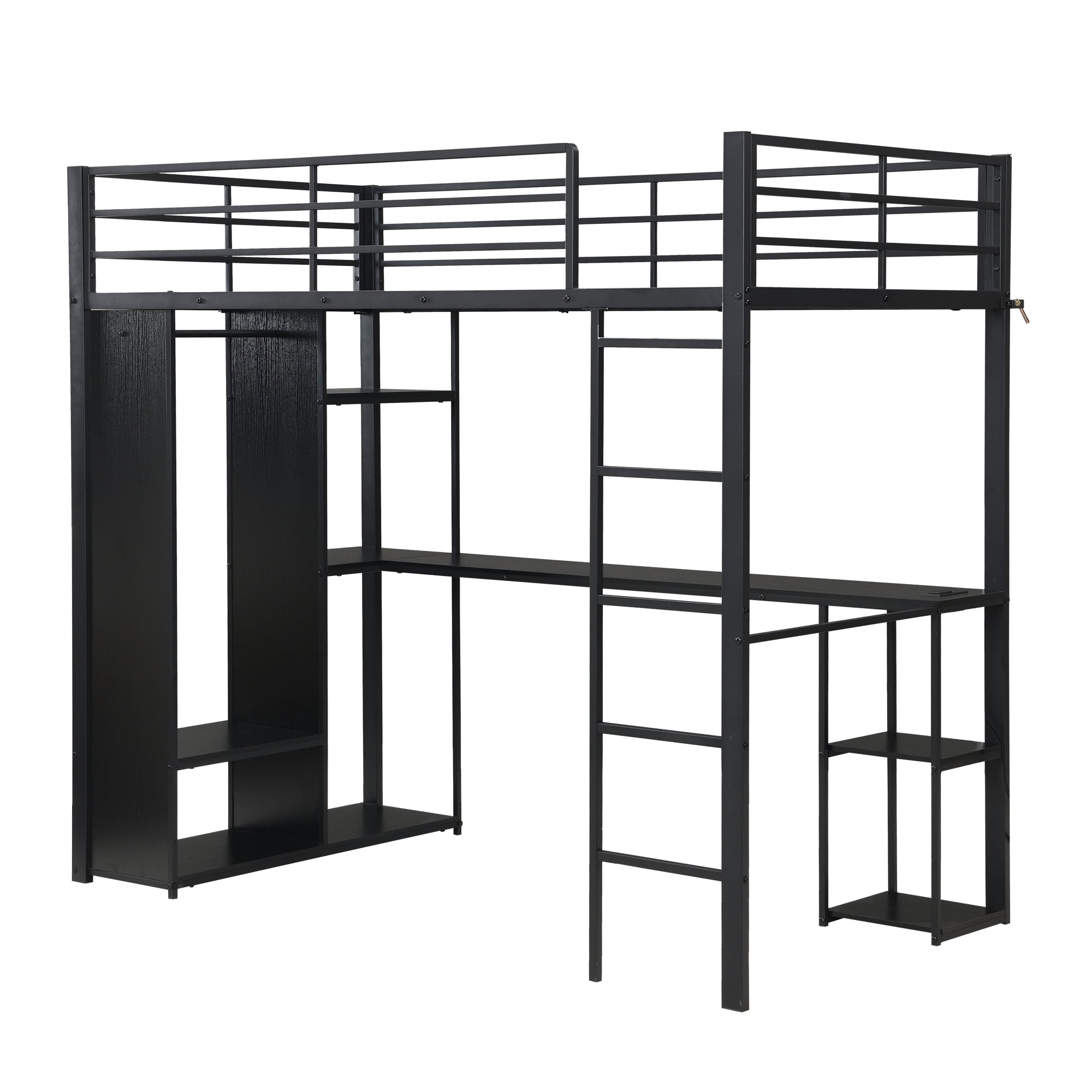 Leumius Twin Metal Loft Bed with Length Desk & Open Storage Cabinet, Multi-function Space Maximizing High Loft Bed for College Dorm Youth Room Apartment Guest