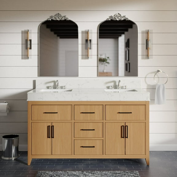 Kensington 60" Double Bathroom Vanity with Blonde Cabinet and Engineered Marble Countertop