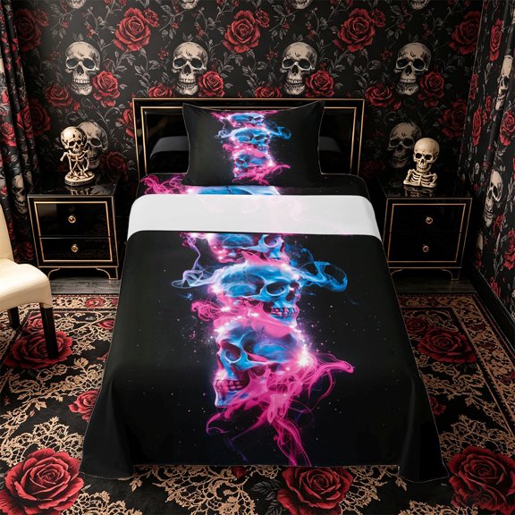 Manfei Halloween Neon Gradient Skull Twin Sheets 3pcs, Cosmic Ombre Bedding, Black Pink Blue,1 Fitted Sheet, 1 Flat Sheet and 1 Pillowcase