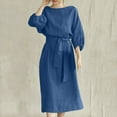 thumbnail image 2 of CHUANK Robe en Coton et Lin pour Femmes Col Rond Manches Lanterne Robes d'Été Couleur Unie Décontractée Fluide Longue avec Ceinture, 2 of 8