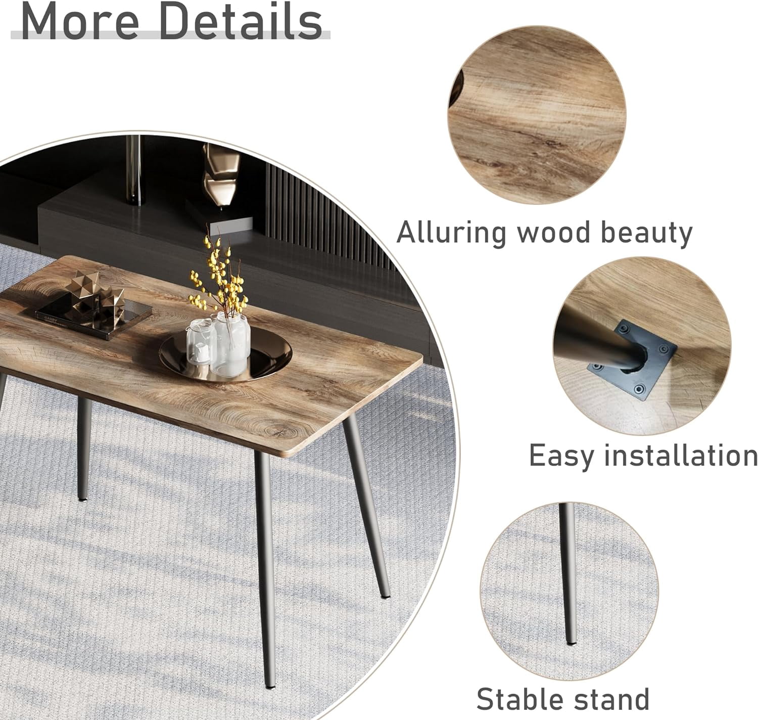 47-Inch Modern Dining Table with Wood Grain MDF Top and Black Metal Legs, Kitchen Table and Computer Desk for 4-6 People, Wood