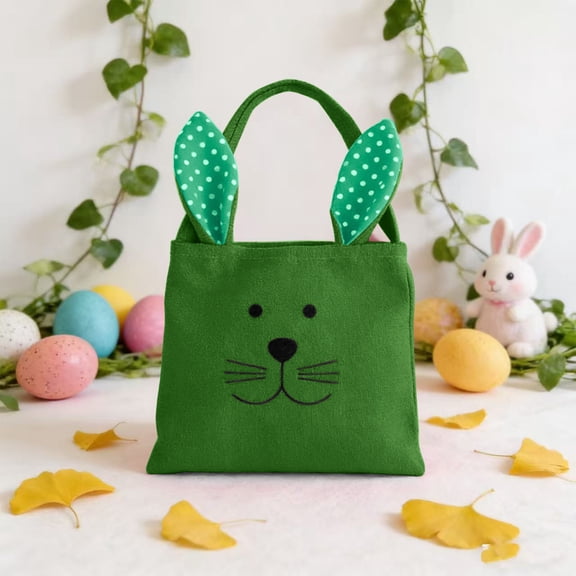 QuanTara Easter Bunny Ear Handbag, Linen Gift Packaging Tote Bag with Drawstring, Reusable Festival Decorative Bag for Gifts & Parties (15.35x8.46in)