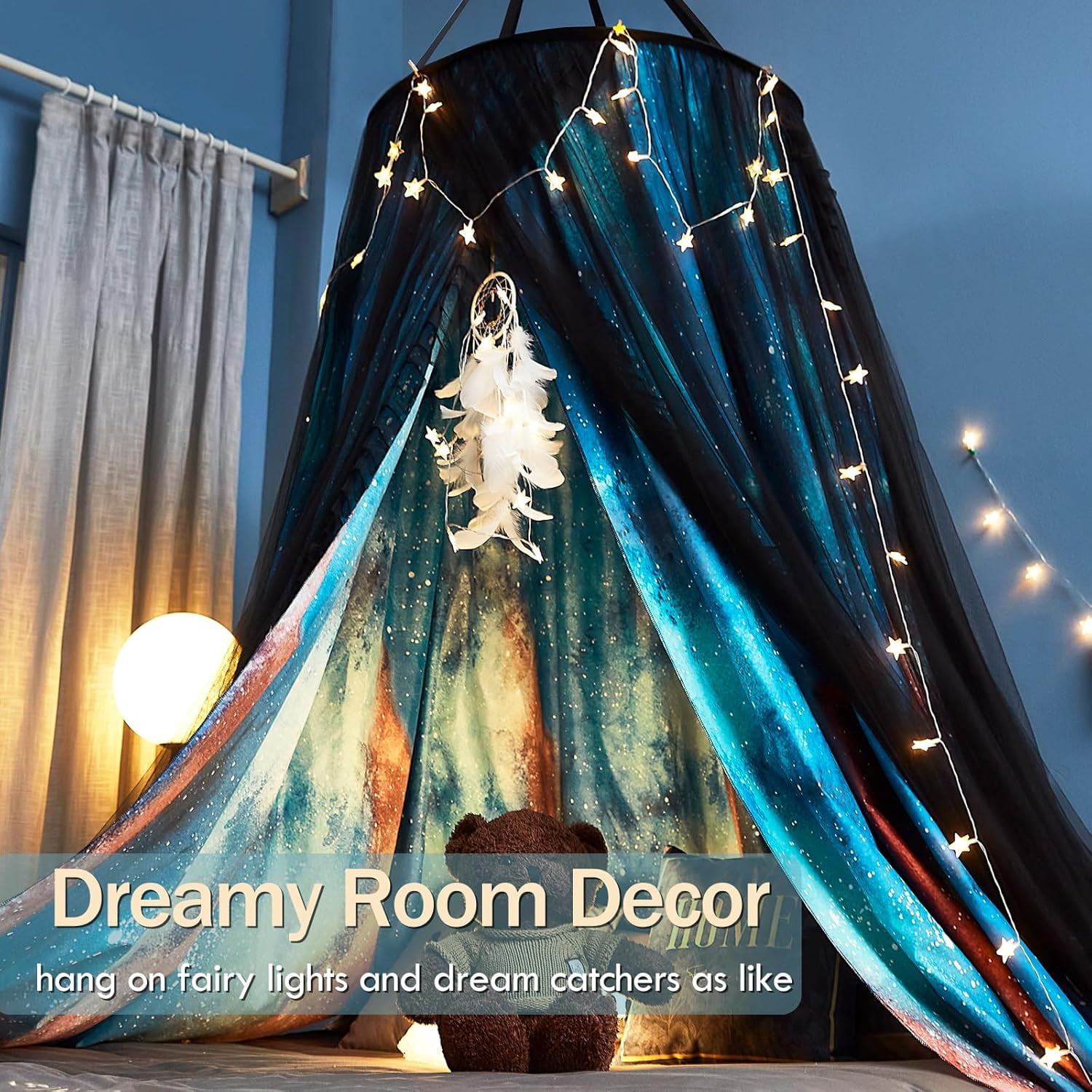 Gorgeous Aurora Printed Bed Canopy for Girls & Adults, Room Decorative Cozy Bed Curtain Canopy Drapes, Round Dome Luxurious Lace Princess Canopies Mosquito Netting (Aurora)