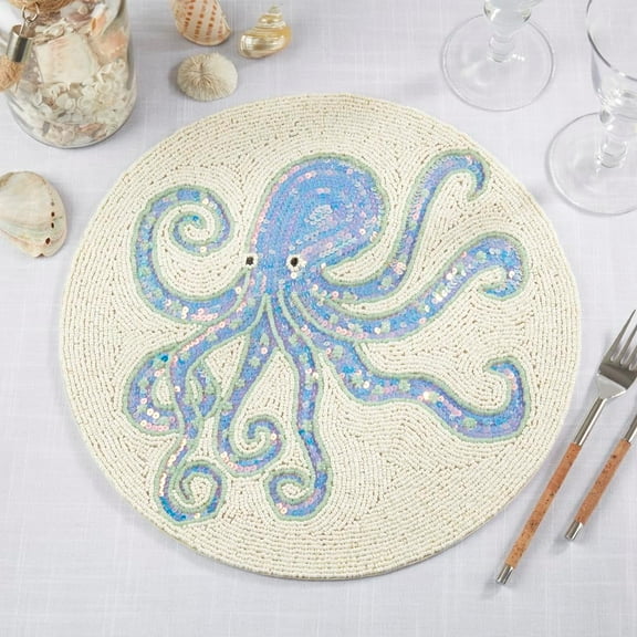 Fennco Styles Beaded Nautical Octopus Placemat 15" Round, 1-Piece - Aqua Handmade Coastal Table Mat for Home Décor, Family Gatherings, Birthdays and Special Events