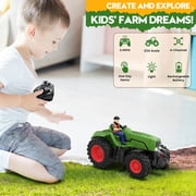 Remote Control Tractor Toy for Kids 3+, 1/24 Scale RC Farm Tractor with Farmer Figure, Rechargeable Battery Powered Vehicle with Lights & Detachable Trailer, Birthday Gifts for Boys