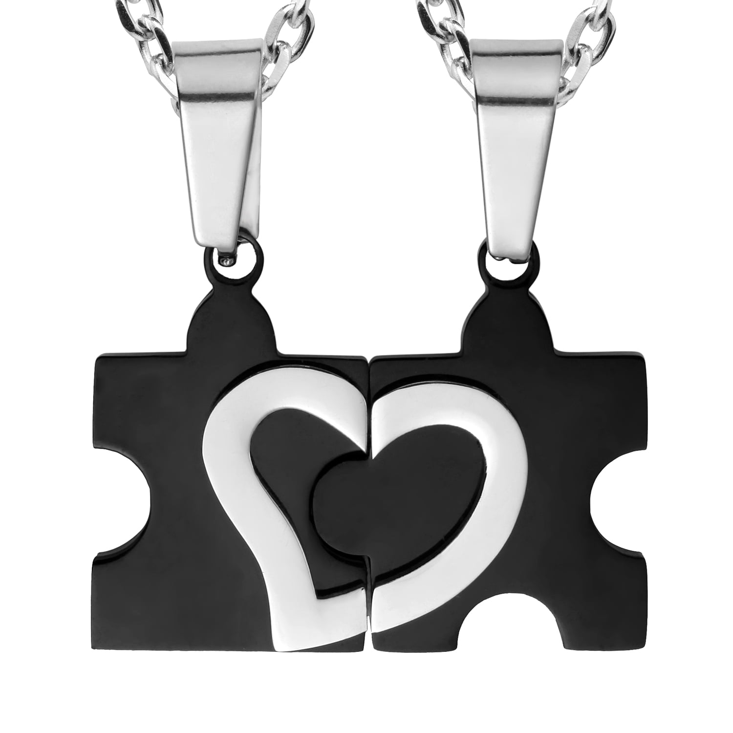 Stunning His Hers Puzzle Heart Matching Pendant Necklace Set With 19 21 Chain Black Silver